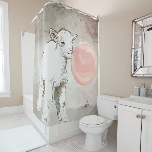 水彩白ベビーヤギとバブルガム シャワーカーテン (インサイチュ)