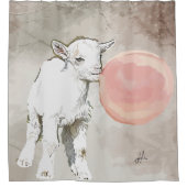 水彩白ベビーヤギとバブルガム シャワーカーテン (正面)