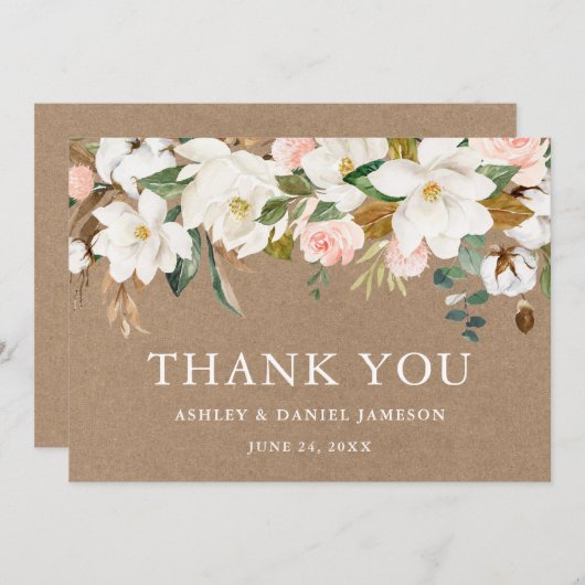 水彩白マグノリアスバラ結婚ズクラフト サンキューカード (正面/裏面)