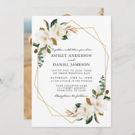 水彩白マグノリアス金ゴールド写真結婚の 招待状