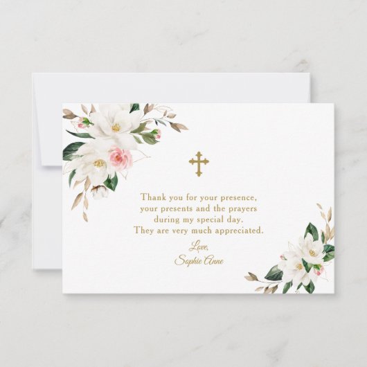 水彩白マグノリアピンクフローラバプテスマ サンキューカード (正面)