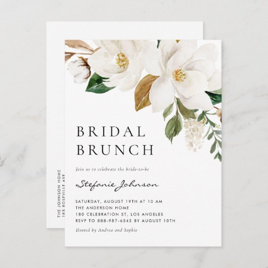 水彩白マグノリア素朴ブライダルブランチ インビテーションポストカード (正面/裏面)