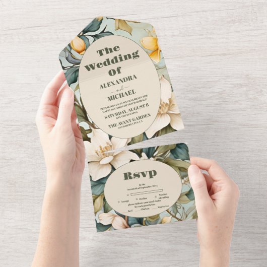 水彩白リリーアールヌーボー結婚ズ オールインワン招待状 (貼ってはがせる)