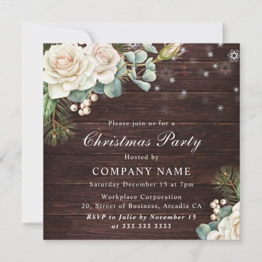 水彩白ローズクリスマ企業のスパーティー 招待状 (正面)