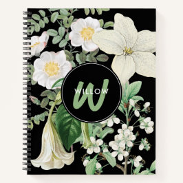 水彩白ワイルドフラワーセージ緑モノグラム ノートブック