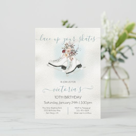 水彩白氷スケートで滑るフローラ雪誕生日 招待状 (スタンド正面)