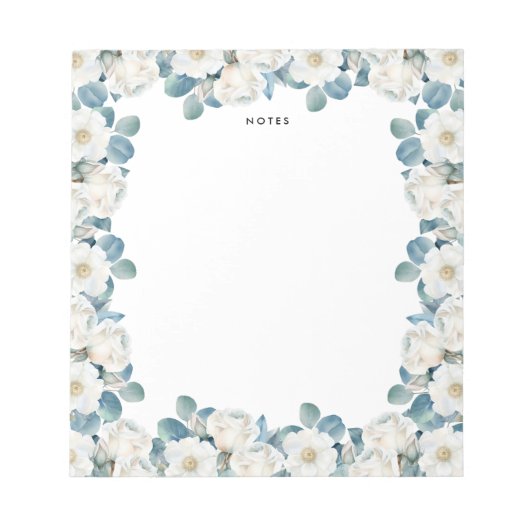 水彩白牡丹ユーカリ緑カスタム色 ノートパッド (正面)