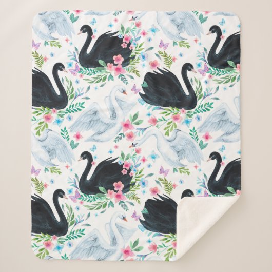 水彩白白白白鳥と黒白鳥の継ぎ目のないパット シェルパブランケット (正面)