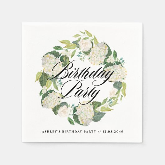 水彩白紫陽花リース誕生日パーティー スタンダードカクテルナプキン (正面)