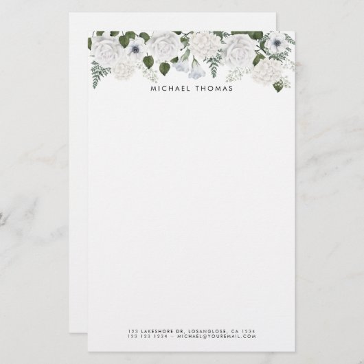 水彩白紫陽花&牡丹パーソナライズされた 便箋 (正面/裏面)