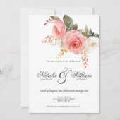 水彩白色ピンクサンゴバラフローラ 招待状 (正面)