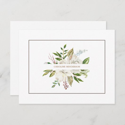 水彩白色ピンクフローラ エレガント ノートカード (正面/裏面)