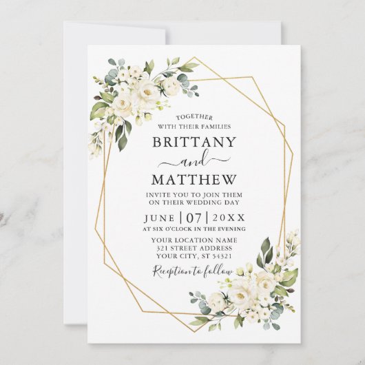 水彩白色フローラジオフレーム結婚写真 招待状 (正面)