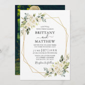 水彩白色フローラジオフレーム結婚写真 招待状 (正面/裏面)