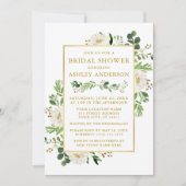 水彩白色フローラブライダルシャワー金ゴールド 招待状 (正面)