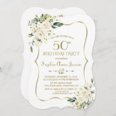 水彩白色フローラ金ゴールドフレーム50誕生日 招待状 (正面/裏面)