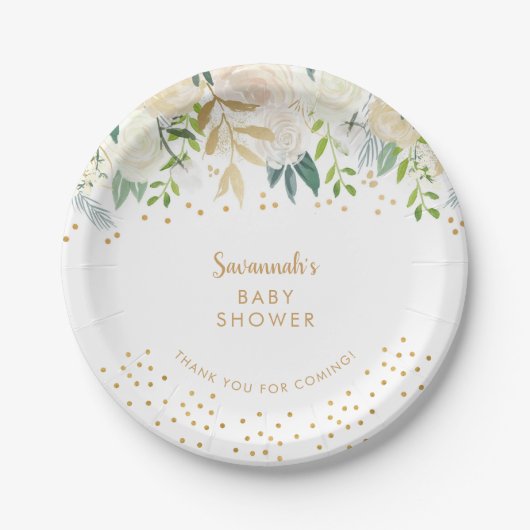 水彩白色フローラ+金ゴールド紙吹雪 ペーパープレート (正面)