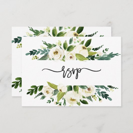 水彩白花フレーム結婚式出欠確認カード 招待状 (正面/裏面)