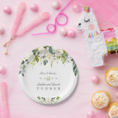 水彩白花緑結婚葉 ペーパープレート (パーティー)