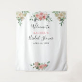 水彩白薔薇とピンクのウェルカム ブライダルシャワー タペストリー (正面)