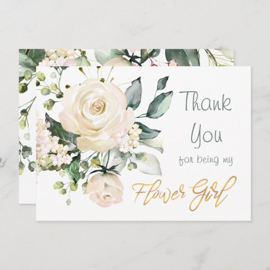 水彩白薔薇フラワーガールサンキューカード サンキューカード (正面/裏面)