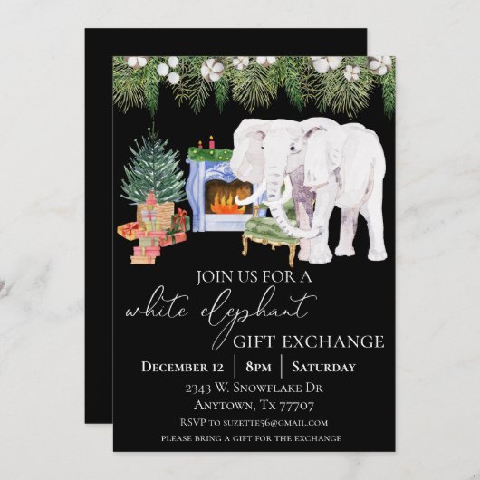 水彩白象ギフト交換パーティー 招待状 (正面/裏面)