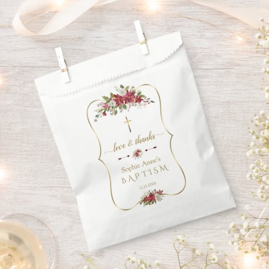 水彩白赤ポインセチア金ゴールド洗礼 フェイバーバッグ (クリップ留めされた状態)