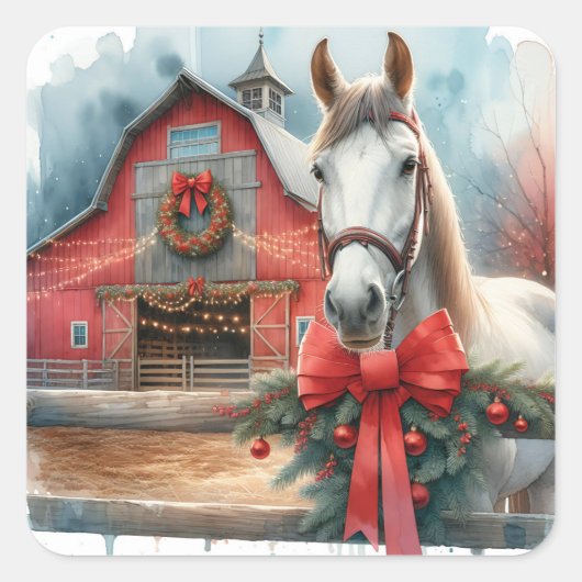 水彩白馬とフェスティバルファームクリスマス スクエアシール (正面)