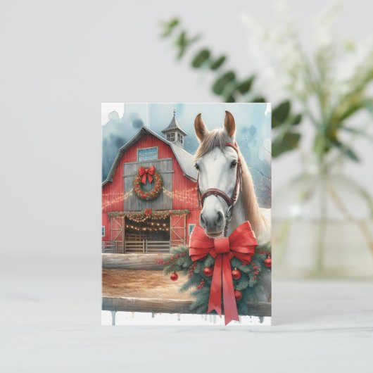 水彩白馬とフェスティバルファームクリスマス ポストカード (スタンド正面)