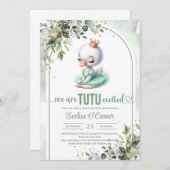 水彩白鳥の緑と金ゴールドツゥバレリーナ 招待状 (正面/裏面)