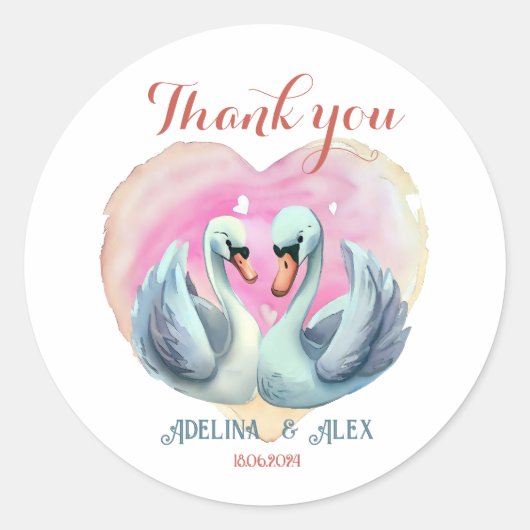 水彩白鳥カップルありがとう結婚式の引き出物 ラウンドシール (正面)