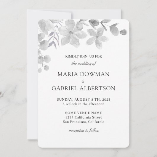 水彩白黒植物フローラ結婚ズ 招待状 (正面)