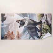 水彩白黒毛羽立自然 ビーチタオル (正面)