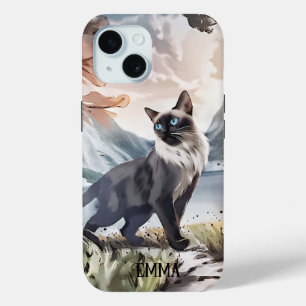 水彩白黒毛羽立自然 iPhone 15ケース