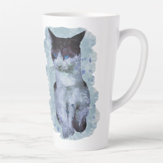 水彩白黒猫の青い目 カフェラテマグ (右)