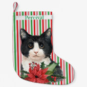 水彩白黒猫&ポインセチア スモールクリスマスストッキング (正面)