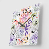 水彩白、ピンクの花 スクエア壁時計 (傾斜)