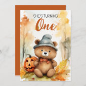 水彩白&ブラウンオータムベア1st誕生日 招待状 (正面/裏面)