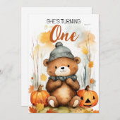 水彩白&ブラウンハッピーベア1st誕生日 招待状 (正面/裏面)