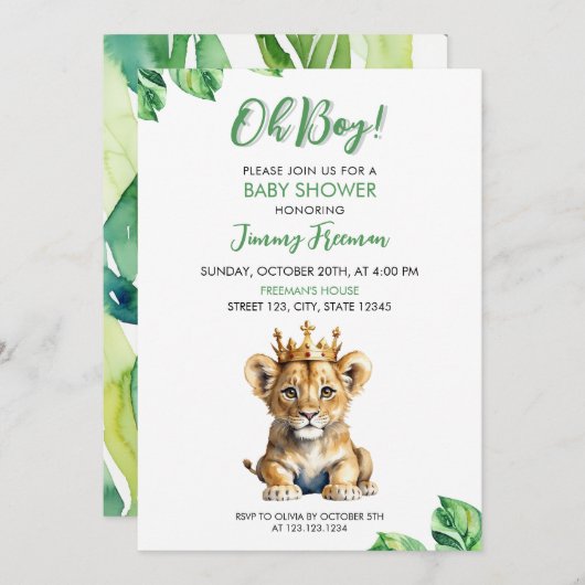 水彩白&緑かわいいライオン赤ちゃんシャワー 招待状 (正面/裏面)