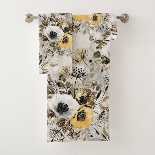水彩白、黄色の花 バスタオルセット (インサイチュ)