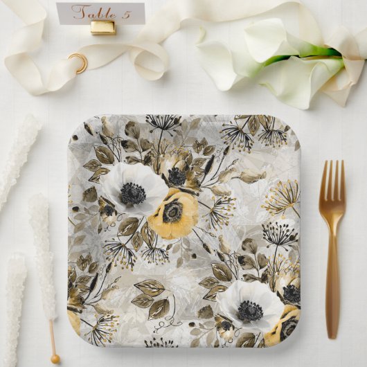 水彩白、黄色の花 ペーパープレート (ウェディング)