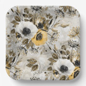 水彩白、黄色の花 ペーパープレート (正面)
