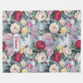 水彩白、黄色、ピンクのバラ フリースブランケット (正面(横))