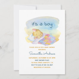 水彩眠い子猫It's a Boy Baby Shower 招待状