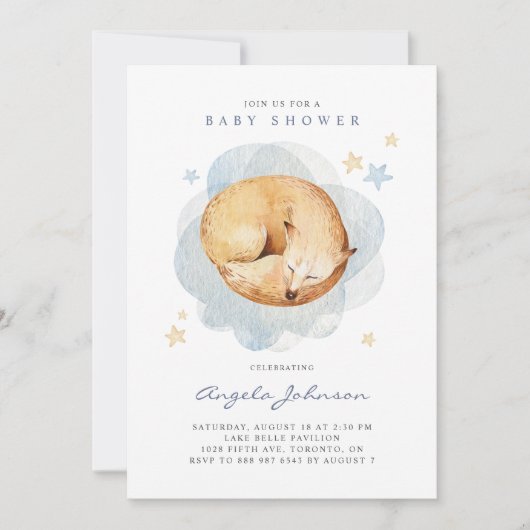 水彩眠るキツネ男の子の赤ちゃんシャワー 招待状 (正面)