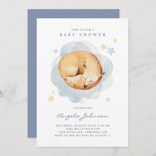水彩眠るキツネ男の子の赤ちゃんシャワー 招待状 (正面/裏面)