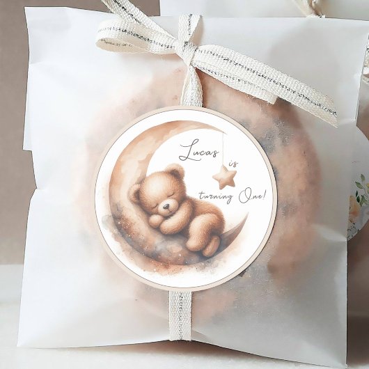 水彩眠るベージュブラウンベアの月 ラウンドシール