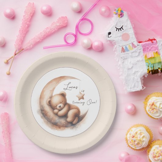 水彩眠る茶色のクマの月 ペーパープレート (パーティー)