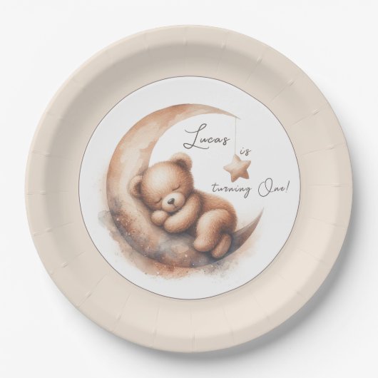 水彩眠る茶色のクマの月 ペーパープレート (正面)
